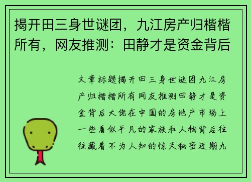 揭开田三身世谜团，九江房产归楷楷所有，网友推测：田静才是资金背后大佬