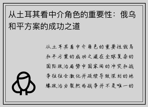 从土耳其看中介角色的重要性：俄乌和平方案的成功之道