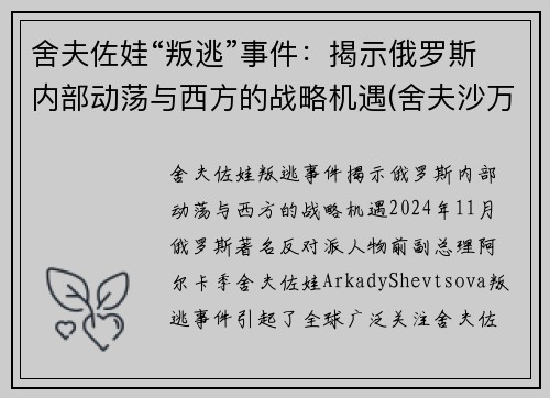 舍夫佐娃“叛逃”事件：揭示俄罗斯内部动荡与西方的战略机遇(舍夫沙万高清)