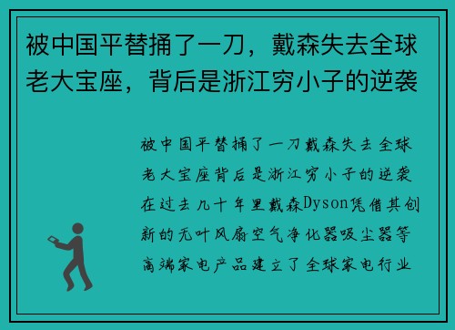 被中国平替捅了一刀，戴森失去全球老大宝座，背后是浙江穷小子的逆袭