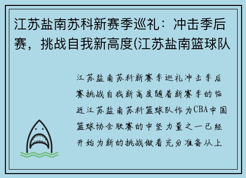 江苏盐南苏科新赛季巡礼：冲击季后赛，挑战自我新高度(江苏盐南篮球队队员名单)