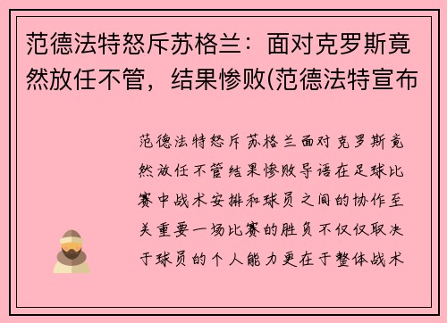 范德法特怒斥苏格兰：面对克罗斯竟然放任不管，结果惨败(范德法特宣布退役)