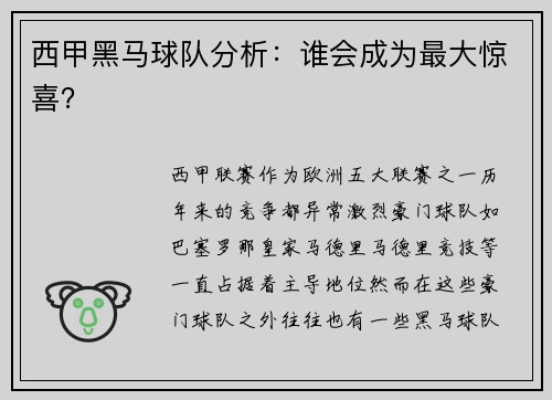 西甲黑马球队分析：谁会成为最大惊喜？