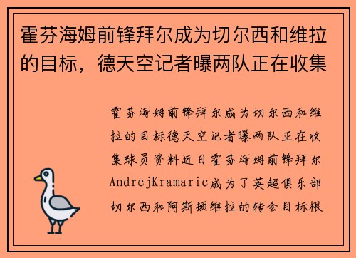 霍芬海姆前锋拜尔成为切尔西和维拉的目标，德天空记者曝两队正在收集球员资料